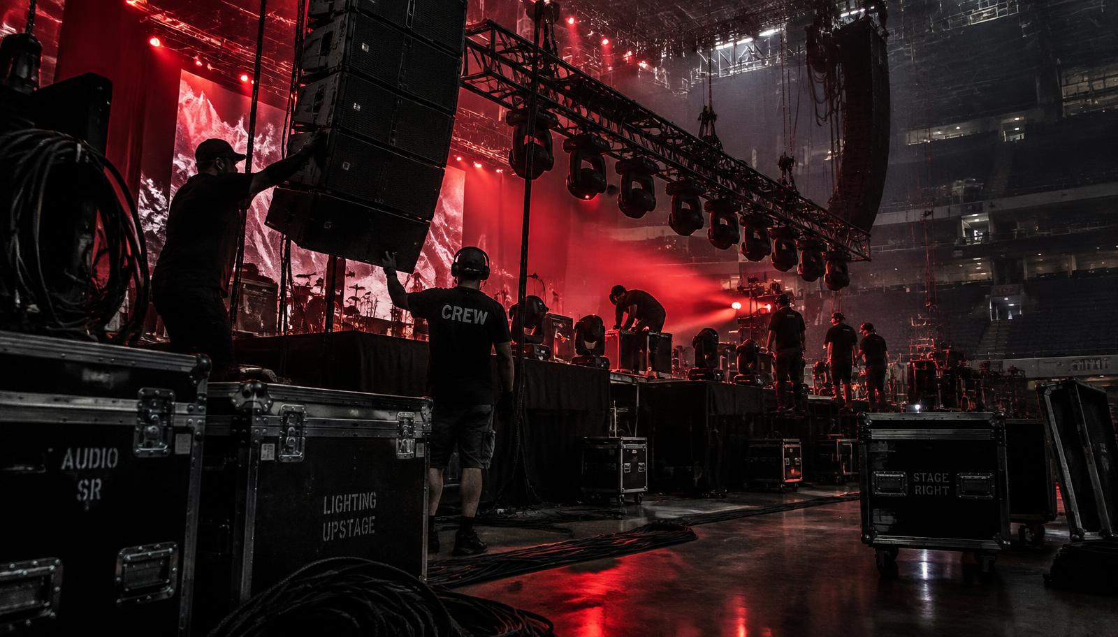 AV crew loading in a concert stage under red light